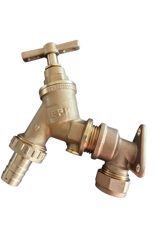 Brass Outside Bibcock Tap with Double Check Valve + 1/2" Compression Wall Plate Elbow