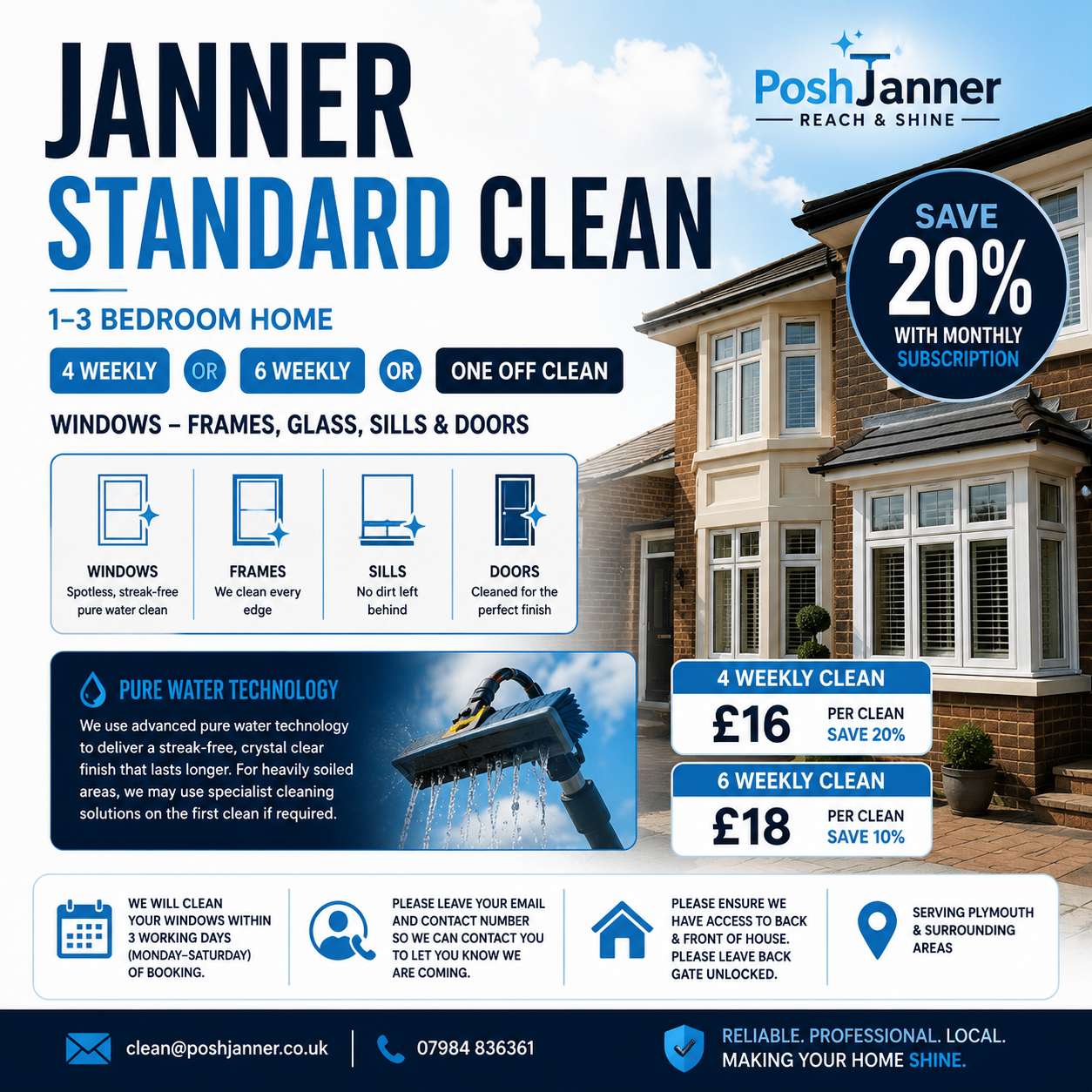 Janner Standard - Flat, 1 - 3 Bed Home Window Cleaning | Windows, Frames, Sills & Doors | From £16 (Save 20% with Monthly Subscription)
