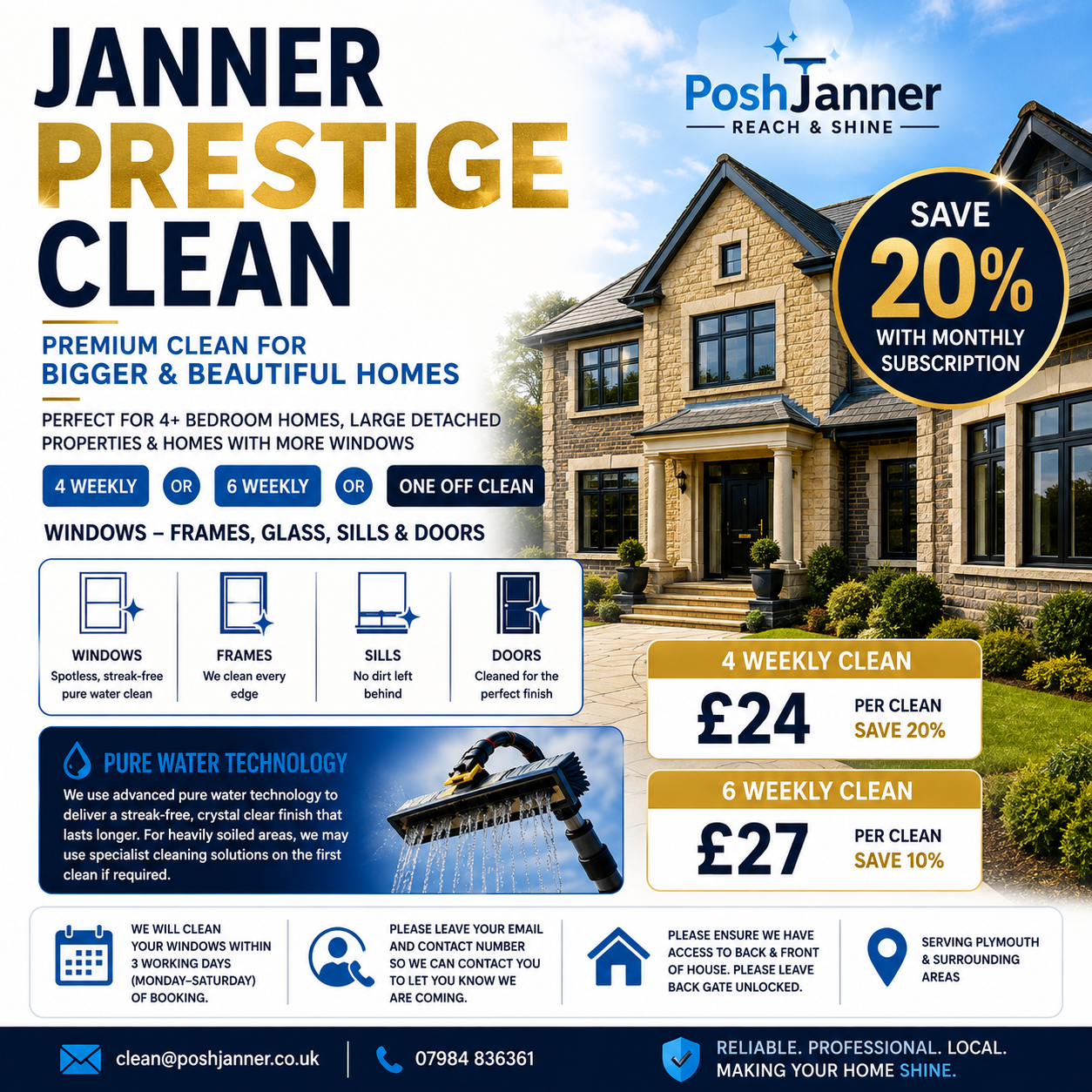 Janner Prestige -  Larger homes/ 4+ Beds Window Cleaning | Windows, Frames, Sills & Doors | From £24 (Save 20% with Monthly Subscription)