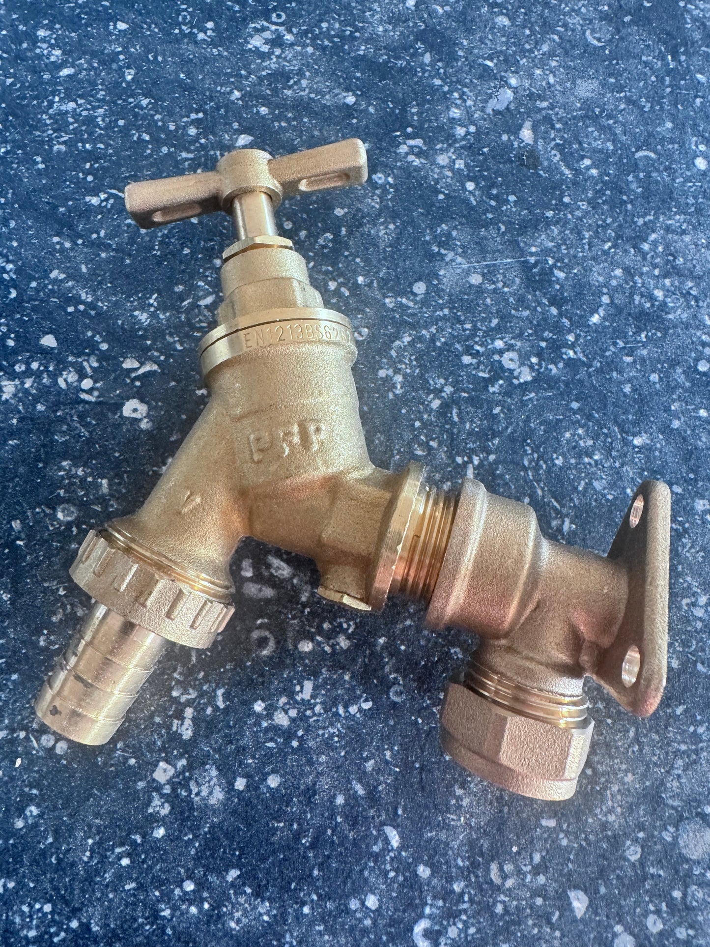 Brass Outside Bibcock Tap with Double Check Valve + 1/2" Compression Wall Plate Elbow