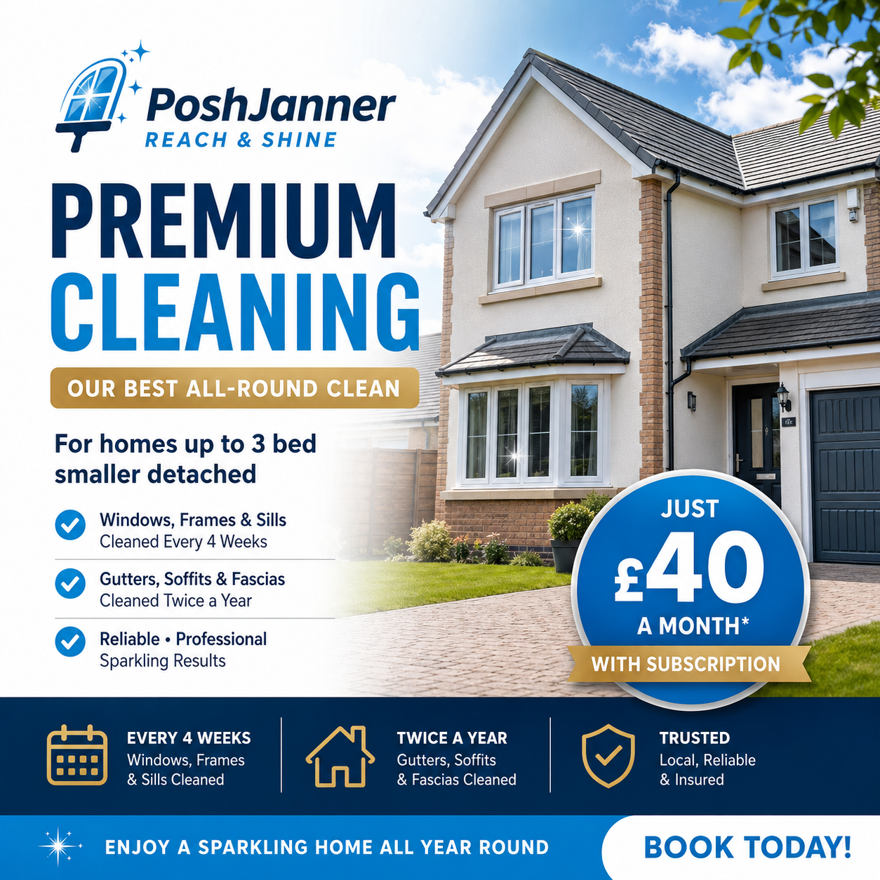 Janner Premium Clean 4 Weekly plus Gutters, Facias, Downpipes & Soffits twice per year