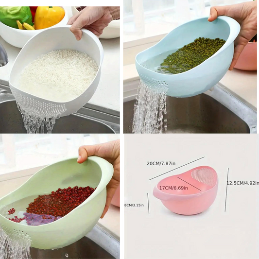 PoshJanner Rice Washer Strainer Bowl Plastic Colander, Rice Wash Bowl White Pink Blue Green