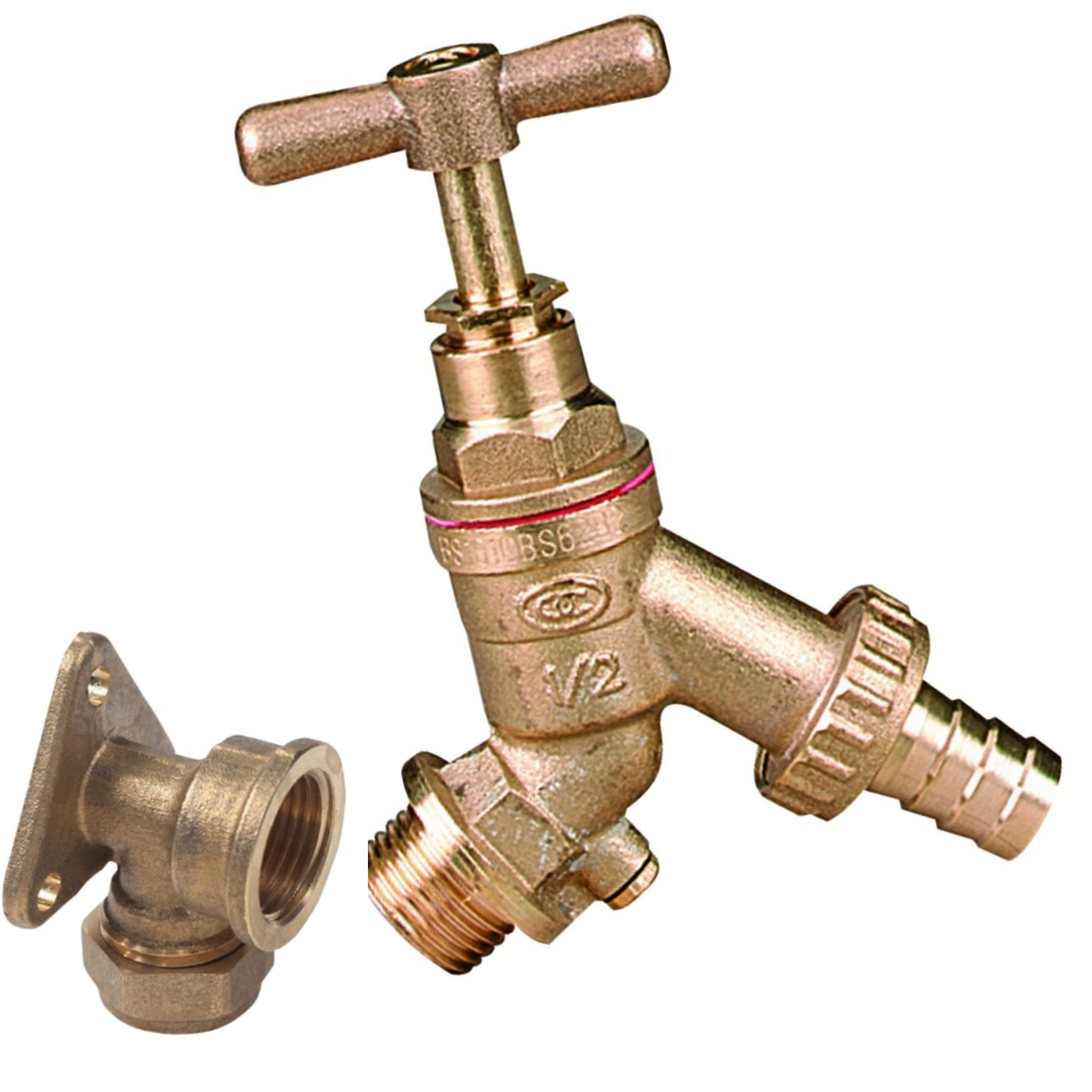 Brass Outside Bibcock Tap with Double Check Valve + 1/2" Compression Wall Plate Elbow